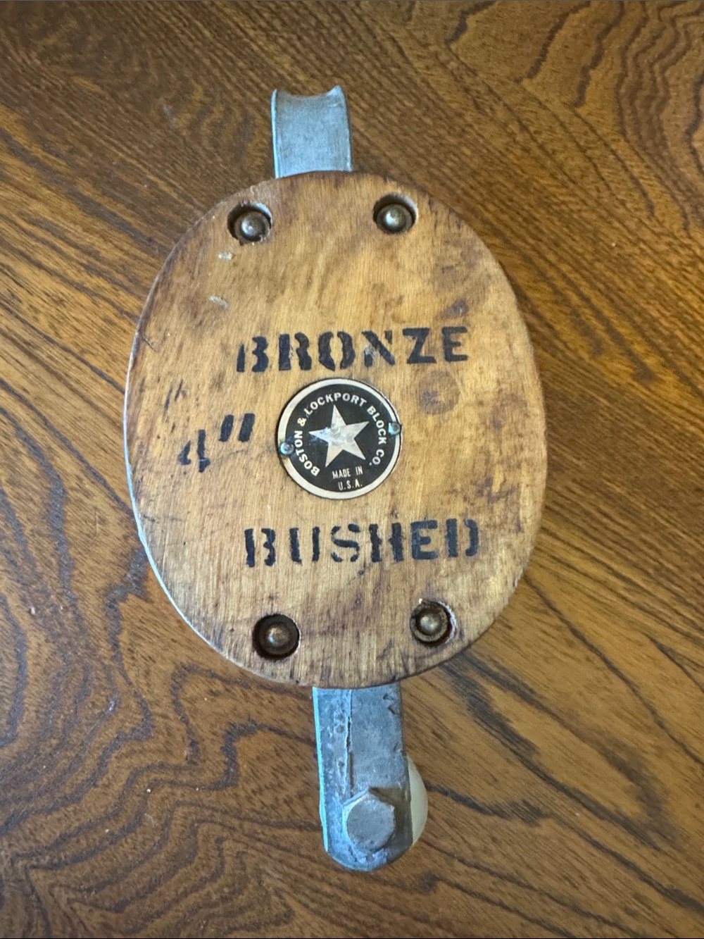 Vintage 4” Boston & Lockport Block Co. Wooden Pulley - Bronze Bushed